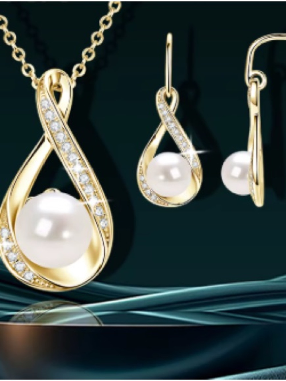 Gold Pearl Moissanite Necklace & Earring Jewelry Set - GRA Certified